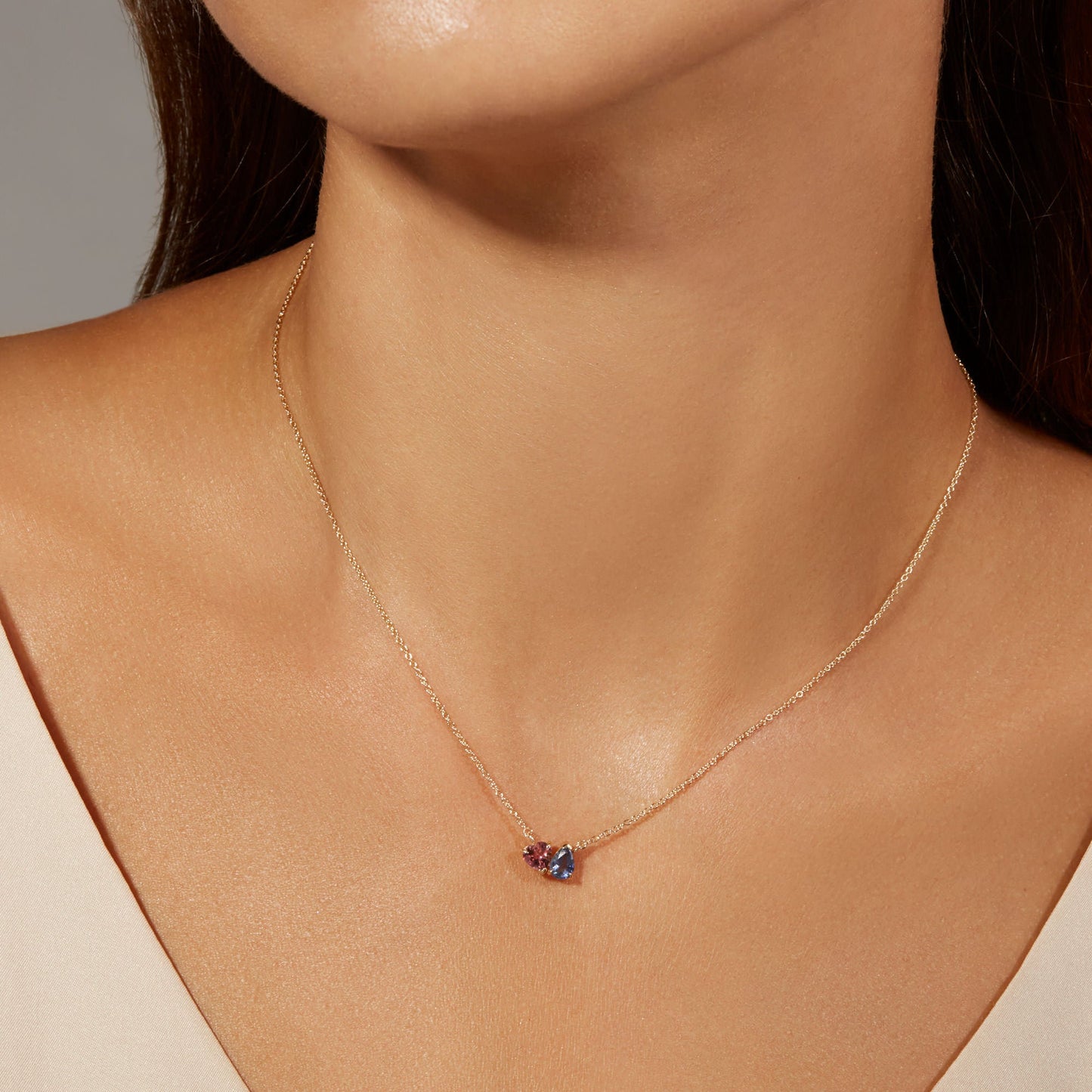 Jewlys "Just the Two of Us" Geranium Necklace in 10K Gold with Sapphire & Tourmaline